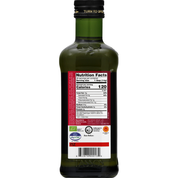 Bottle of Tassos Organic Extra Virgin Olive Oil from Duo Grocery, cold-extracted with a clear label and green olives on the packaging