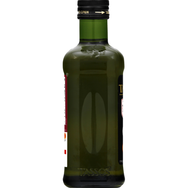 Bottle of Tassos Organic Extra Virgin Olive Oil by Duo Grocery, cold-extracted with a dark glass container and olive branch label.