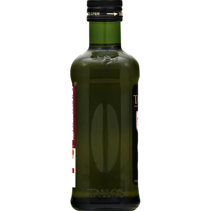 Bottle of Tassos Organic Extra Virgin Olive Oil by Duo Grocery, cold-extracted with a dark glass container and olive branch label.