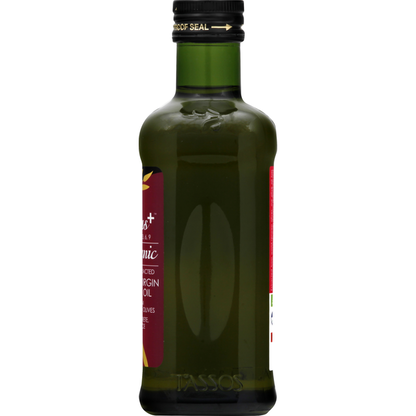 Bottle of Tassos Organic Extra Virgin Olive Oil from Duo Grocery, cold extracted with a dark glass bottle and label.