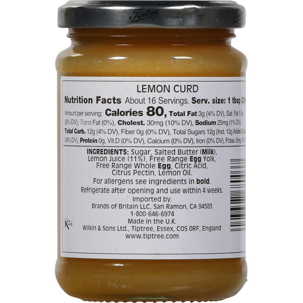 Jar of Wilkin & Sons Tiptree Lemon Curd with a yellow label, showcasing a classic British brand's spread on a white background.