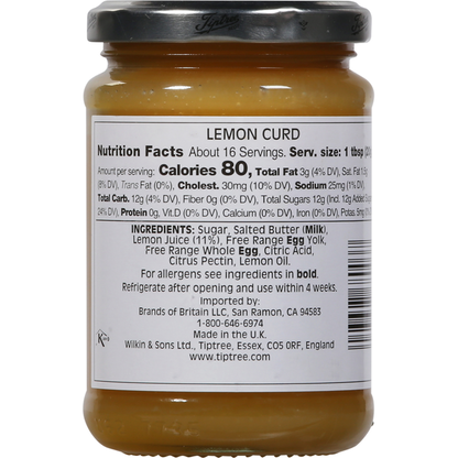 Jar of Wilkin & Sons Tiptree Lemon Curd with a yellow label, showcasing a classic British brand's spread on a white background.