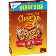 Giant size box of General Mills Honey Nut Cheerios cereal, featuring the iconic honey and oat-flavored breakfast cereal box.