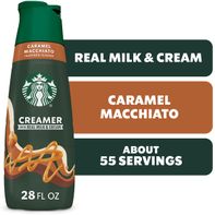 Duo Grocery Starbucks Caramel Flavored Coffee Creamer bottle, creamy caramel color, labeled for coffee enhancement.