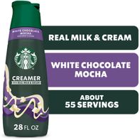 Duo Grocery pack of Starbucks White Chocolate Flavored Coffee Creamer in a 1-liter bottle showing the label and creamy liquid inside