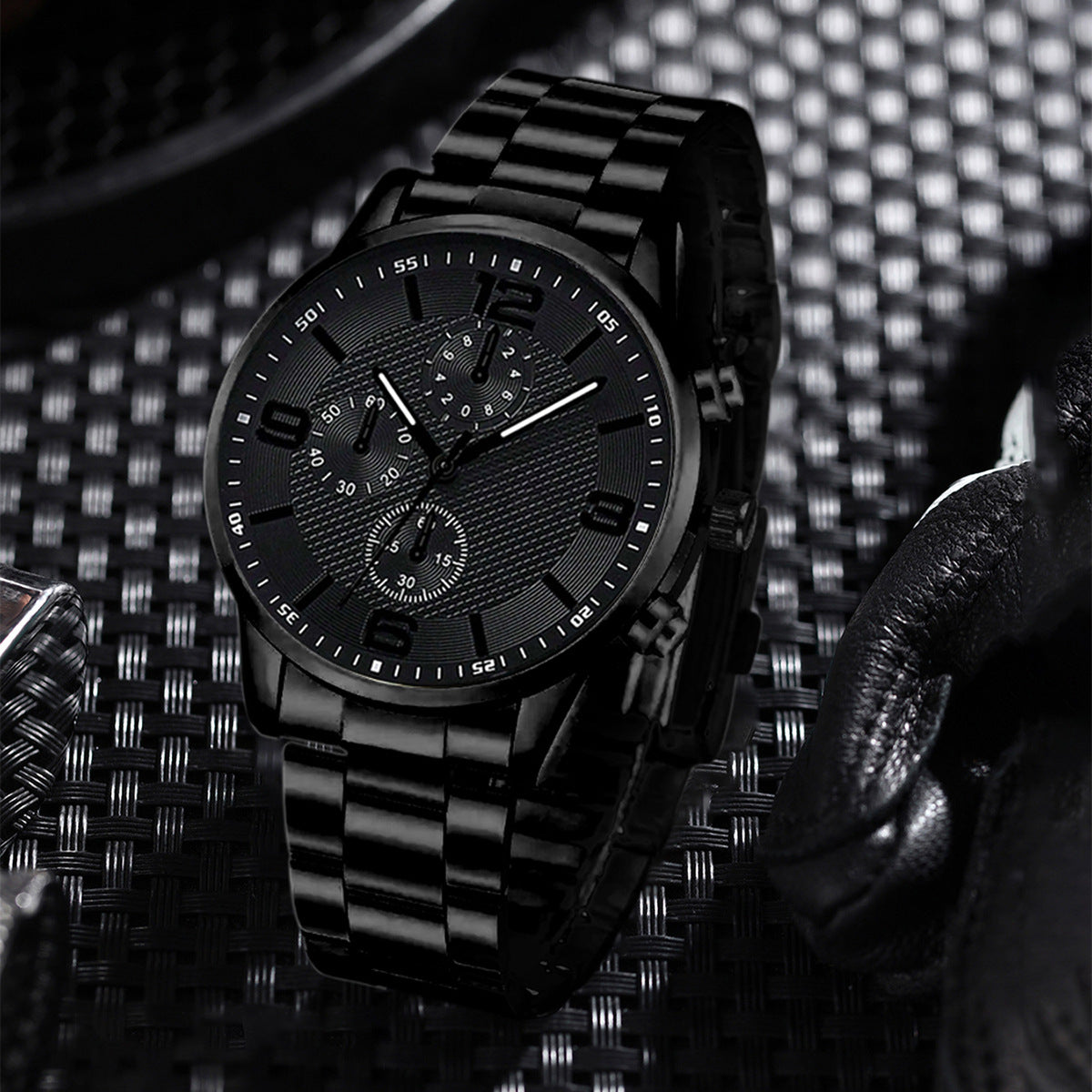 Three-eye digital men's watch with matching bracelet and necklace set, black design with metallic accents