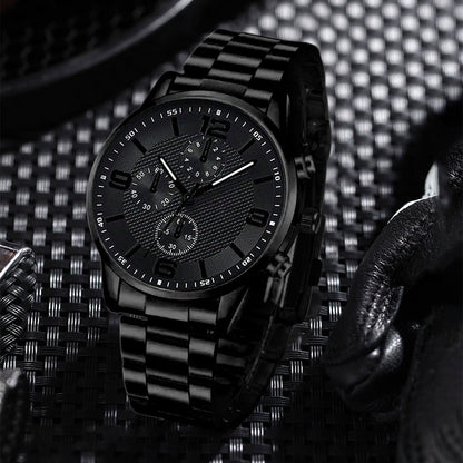 Three-eye digital men's watch with matching bracelet and necklace set, black design with metallic accents