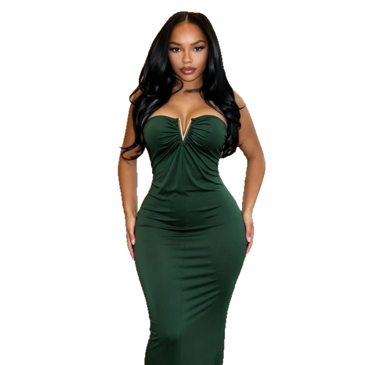 Strapless V-clasp embellished dress by My Store, featuring sparkling embellishments and a fitted silhouette