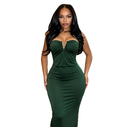Strapless V-clasp embellished dress by My Store, featuring sparkling embellishments and a fitted silhouette