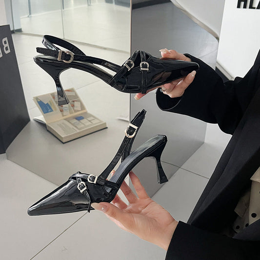 Women's pointed toe kitten heel closed toe sandals with single strap buckle, British style high heels