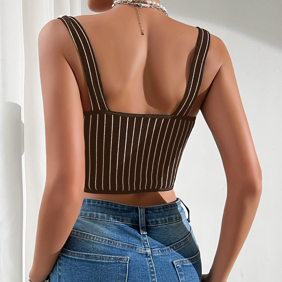 Women's leopard-print lace backless camisole with thin straps, shown from the back
