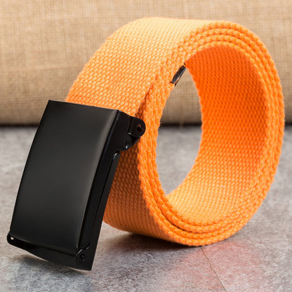 Candy-colored snap-clasp canvas men's belt with adjustable buckle-securing strap