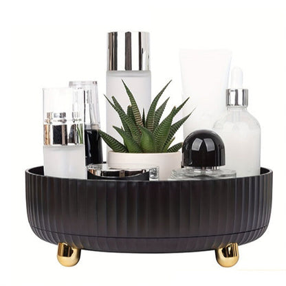 Plastic cosmetics rotating storage box, clear multi-compartment organizer with tiered shelves and circular base
