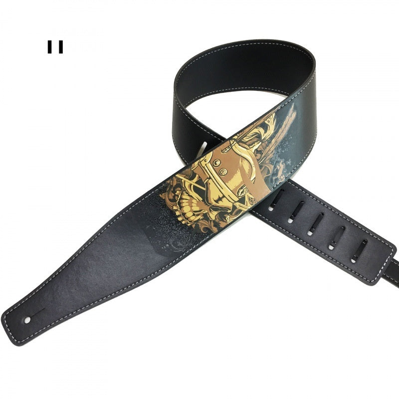 Color printing folk guitar shoulder strap, musical instrument accessory displayed flat with multicolor design