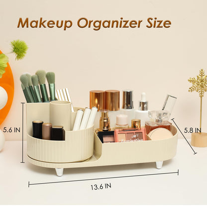 Rotating countertop makeup organizer with large cosmetic storage compartments and makeup brush holder for vanity