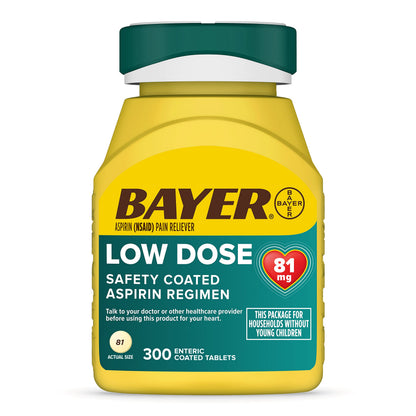 Bayer Low Dose Aspirin 81 mg heart safety tablets in a bottle, 300 count, with the BACKUPMYFILESNOW® branding visible.