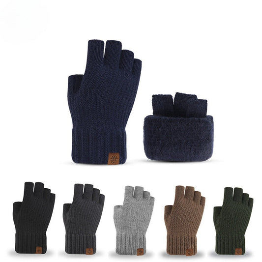 Men's outdoor knitted thermal fleece-lined half-finger gloves with exposed fingertips
