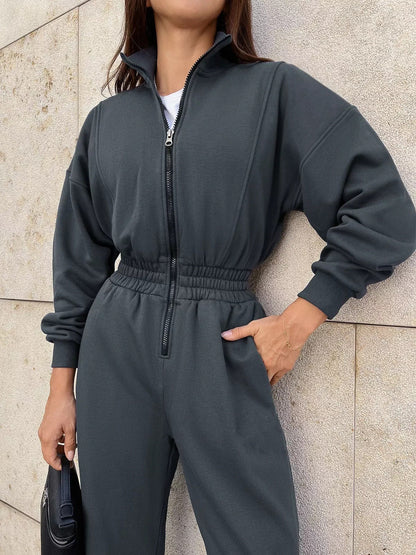 Women's casual long-sleeve zip-up collar jumpsuit by My Store