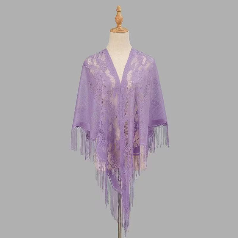 Women's breathable lace triangle shawl with floral design, lightweight openwork fabric, My Store brand