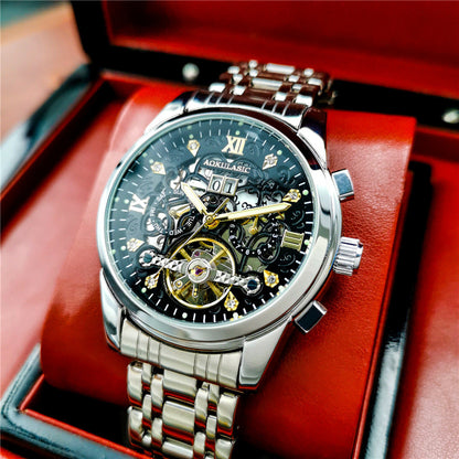 Men's large-rotor skeleton automatic mechanical watch with visible movement and classic round dial