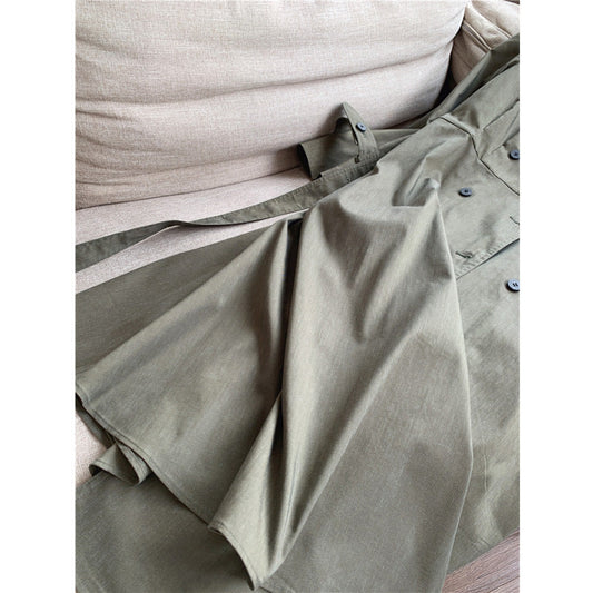 Women's thin stretch linen slimming A-line long trench coat, front view