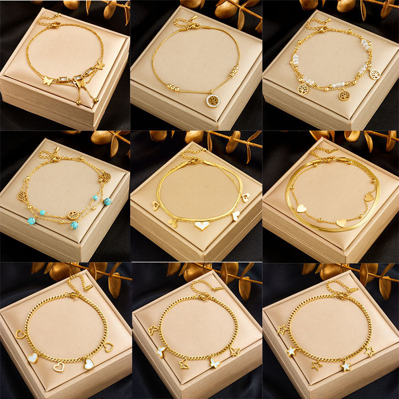Fashionable Heart-Shaped White Shell Life Tree Butterfly Womens Anklet