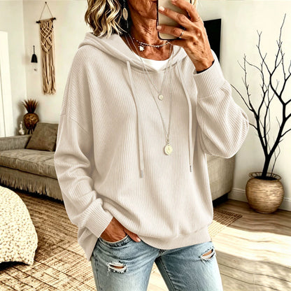 Women's solid color hooded knitted sweater with drawstring and pocket, loose European size outer top