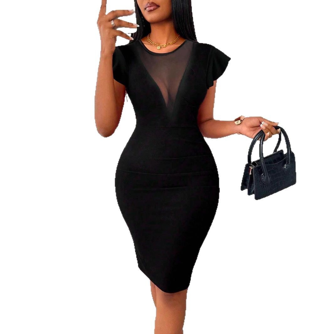 Women's solid-color crew-neck elegant slimming bodycon dress in a fitted silhouette