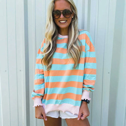 Relaxed-fit minimalist striped colorblock pullover crewneck sweatshirt in a casual design