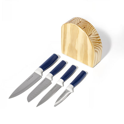 Dura Living DUO-GRIP 5-piece kitchen knife starter set with stainless steel blades and ergonomic handles on a wooden surface.
