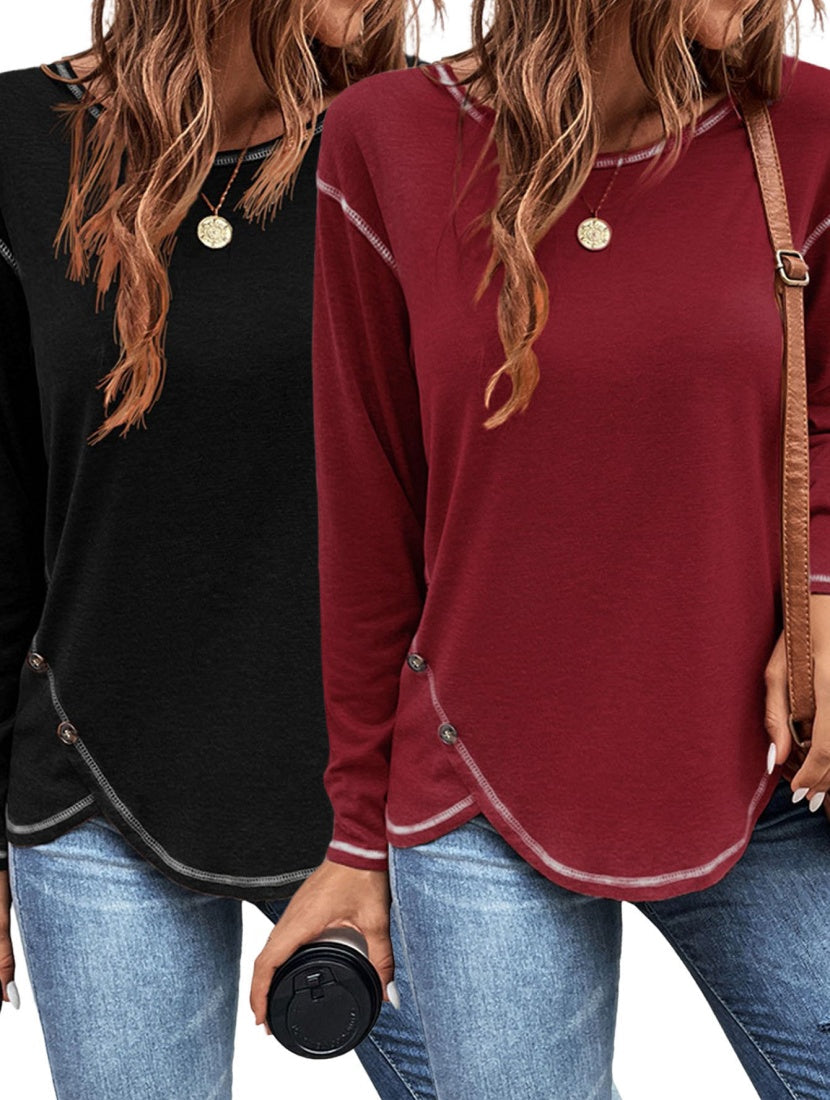 Women’s solid button T-shirt with irregular edge detail, Europe and America style