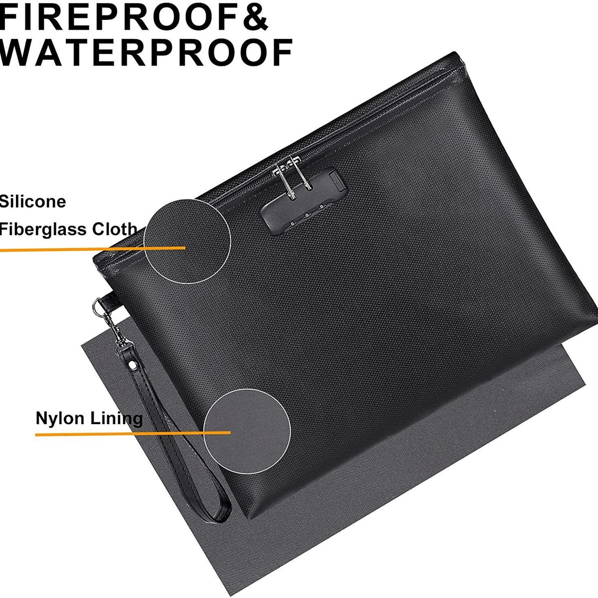 Zippered liquid silicone fire protection data file bag in black, with secure zipper closure