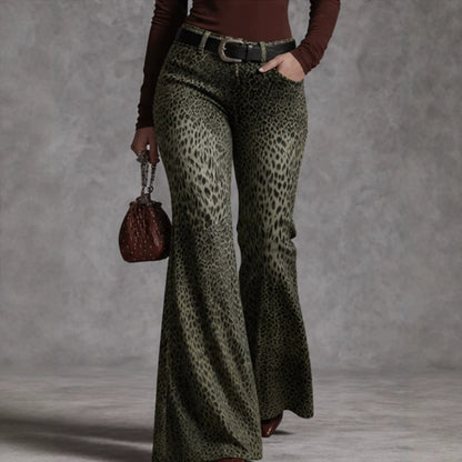 Women's retro leopard-print high-waisted flare pants with wide-leg silhouette