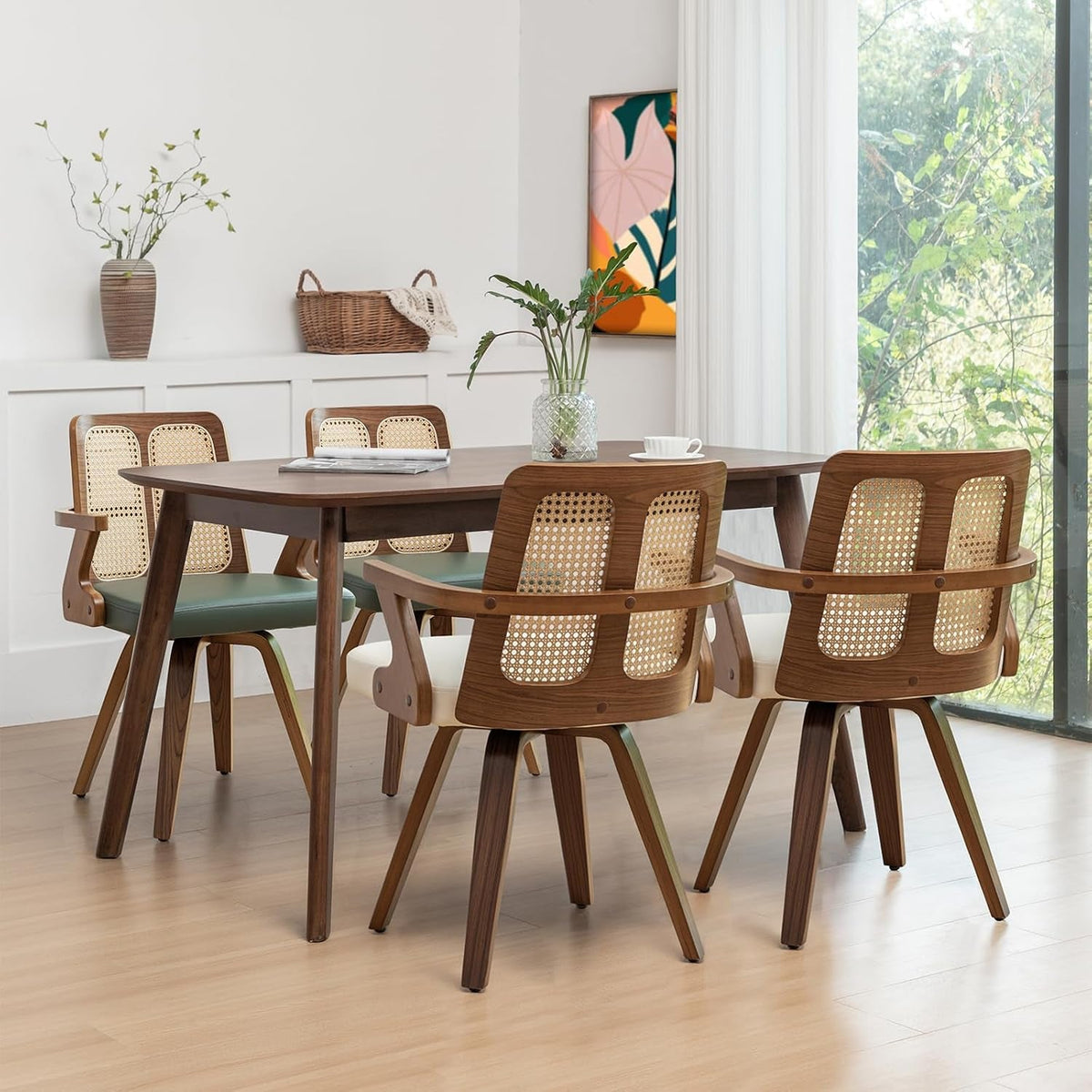 Walnut Swivel Rattan Chairs Ergonomic Curved Armrests Set Of Two