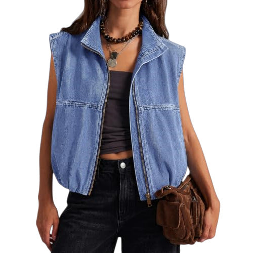 Women's zip-up lapel sleeveless denim vest in blue washed denim