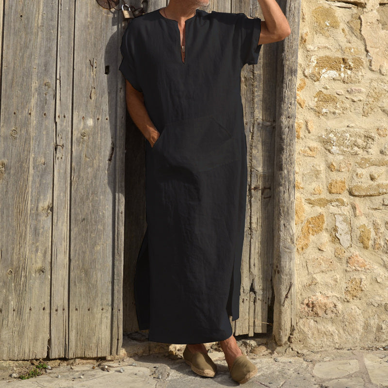 Men's short sleeve bottoming large robe, long-cut coat robe in black and white stripes