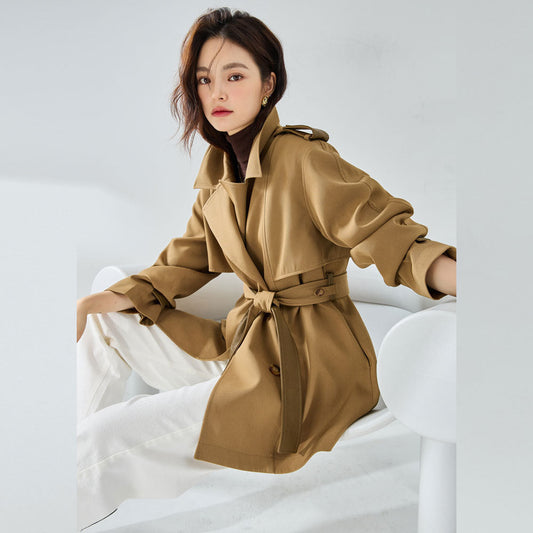Women's casual elegant short trench coat in a classic design, front view