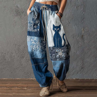 Retro 3D digital-print women's casual sweatpants with colorful all-over graphic design and elastic waistband