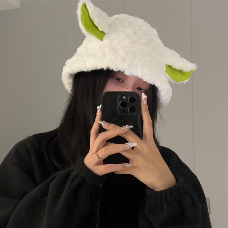 Dark lamb plush winter pot hat, cute warm design for cold weather comfort