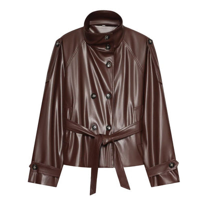 Women's autumn/winter double-breasted leather jacket in classic black design