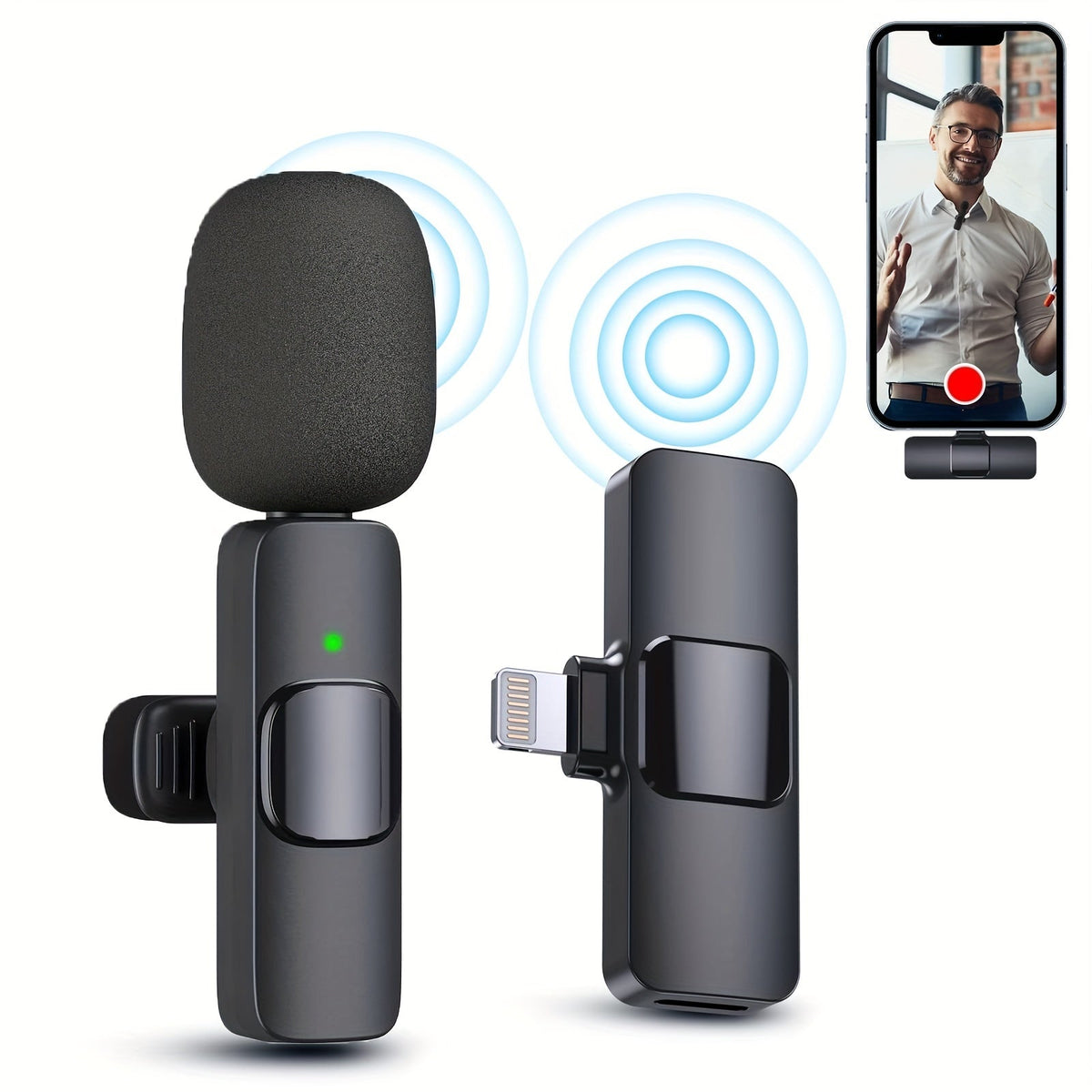 Wireless lavalier lapel microphone for iPhone and iPad, cordless clip-on omnidirectional condenser mic