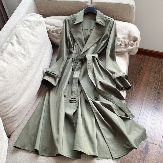 Women's thin stretch linen slimming A-line long trench coat in a sleek, tailored silhouette