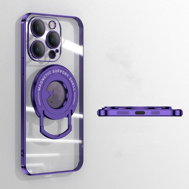 iPhone 15 transparent soft magnetic suction phone case with electroplated finish and invisible pull-rod bracket