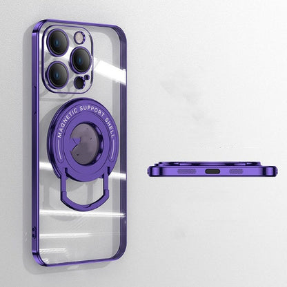 iPhone 15 transparent soft magnetic suction phone case with electroplated finish and invisible pull-rod bracket