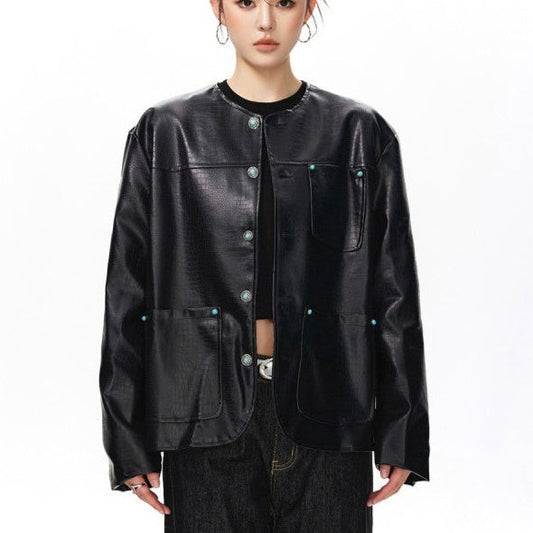 Women's black alligator-print collarless leather jacket by My Store