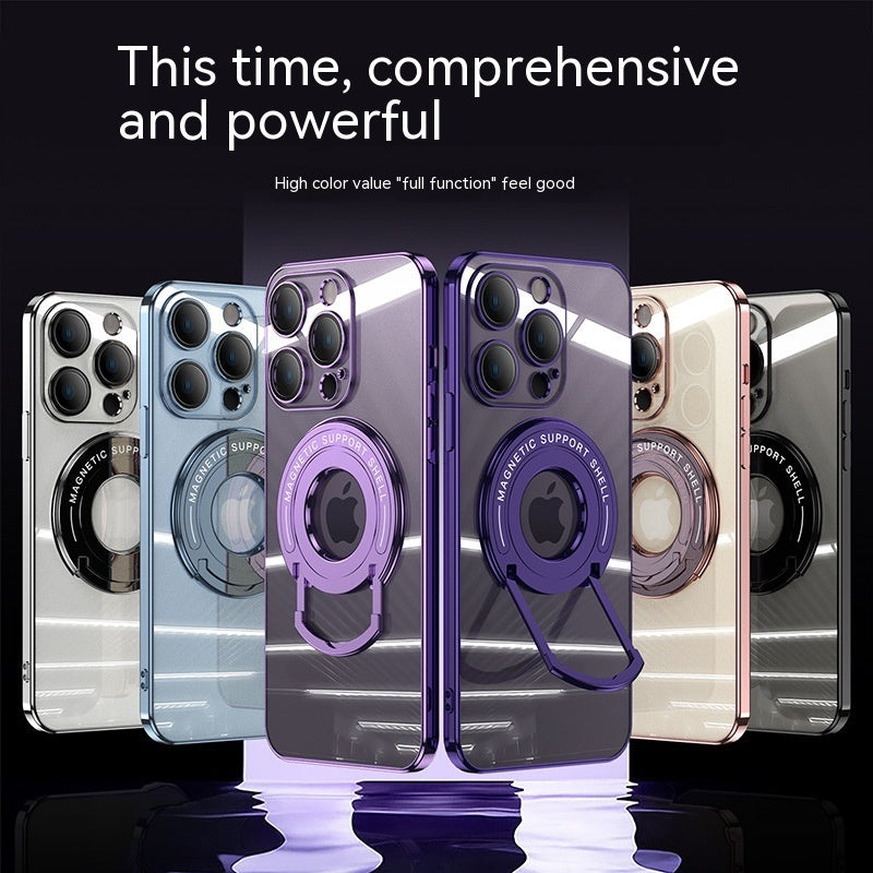 iPhone 15 transparent soft magnetic suction phone case with electroplated pull rod and invisible bracket
