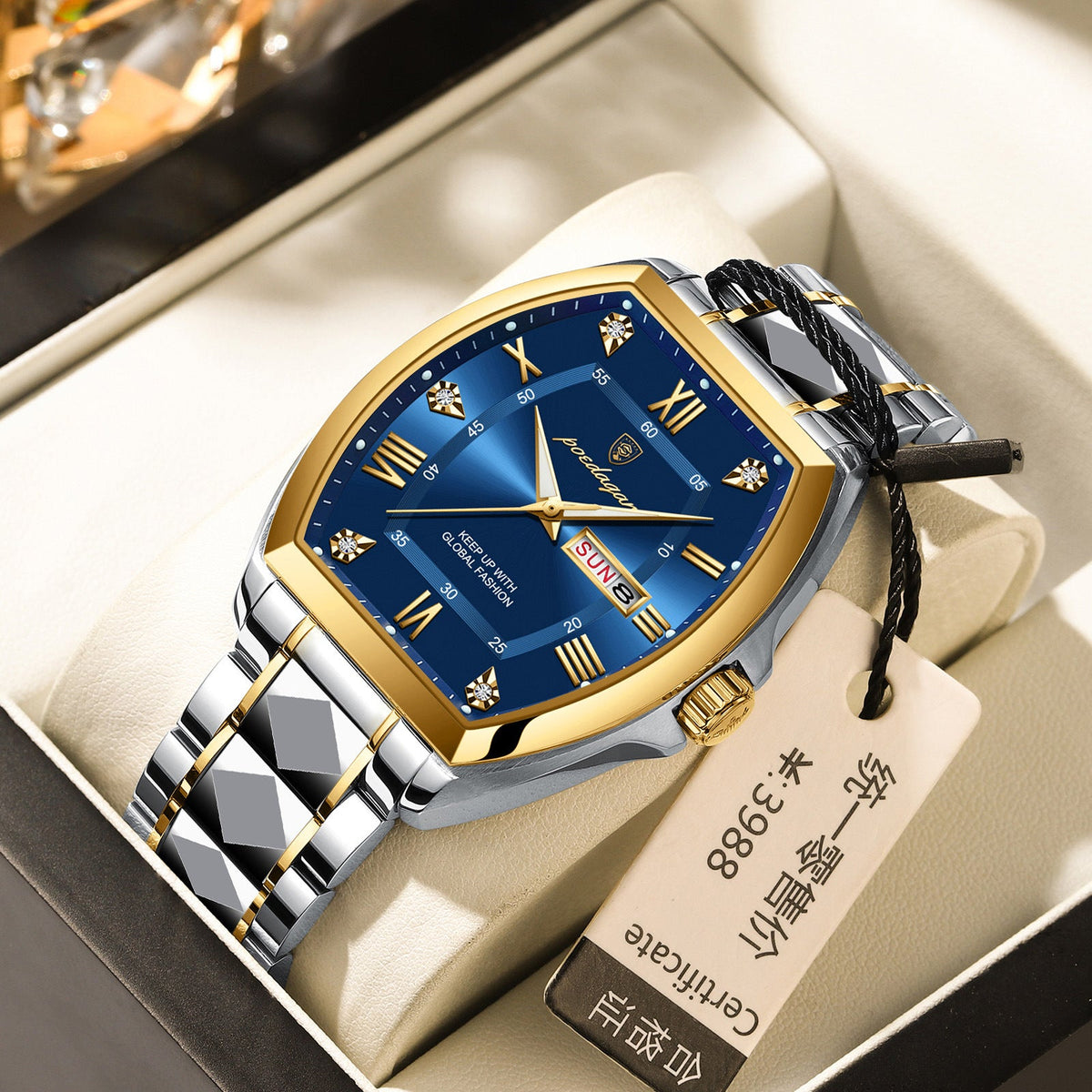 Waterproof luminous barrel-shaped quartz men's watch with dark dial and leather strap