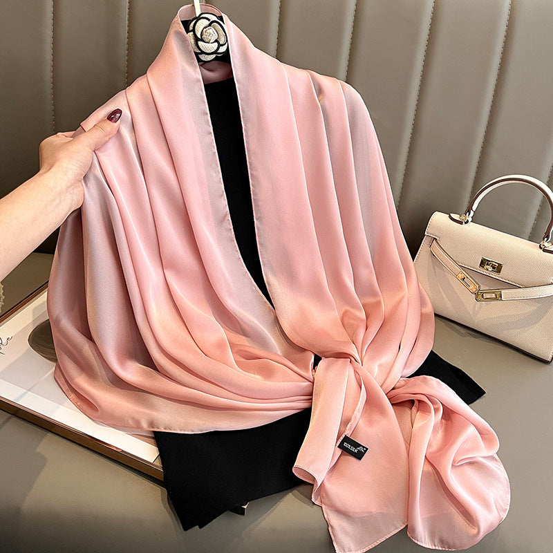 Korean-style solid-color silk beach scarf for women, lightweight sun-protection accessory