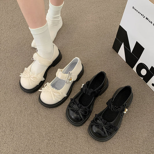 Sweet Lolita bow thick-heel Mary Jane shoes with chunky soles and leather finish for women