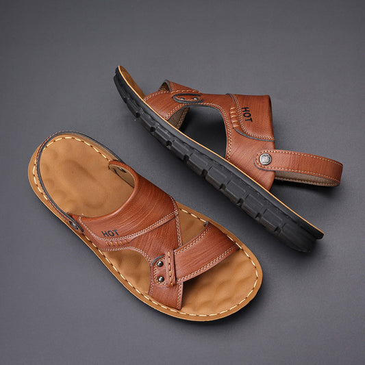 Men's genuine soft leather dual-wear sandals with anti-slip sole for casual summer beach wear
